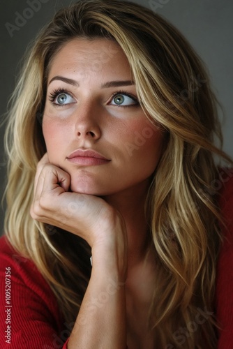 A woman in a red sweater with her hand on her chin.