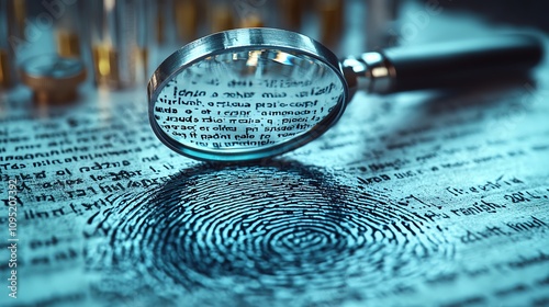 Magnifying glass over text and fingerprint, symbolizing forensic analysis.