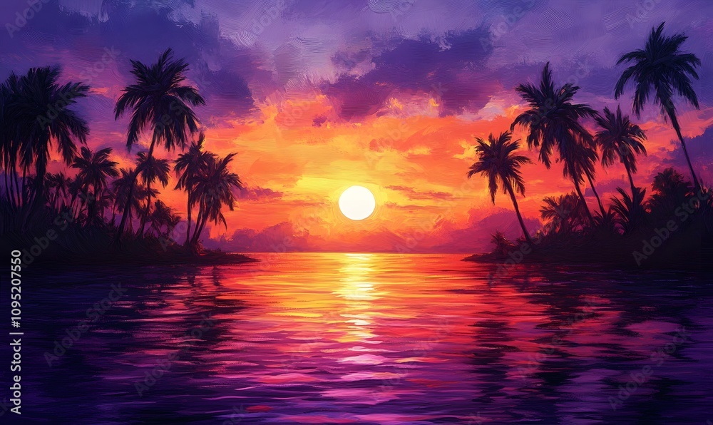 Palm Silhouettes Against Neon Sunset, Show palm tree silhouettes against a sunset with intense neon hues pinks Palm Silhouettes Against Neon Sunset, Show palm tree silhouettes against a sunset with intense neon hues pinks