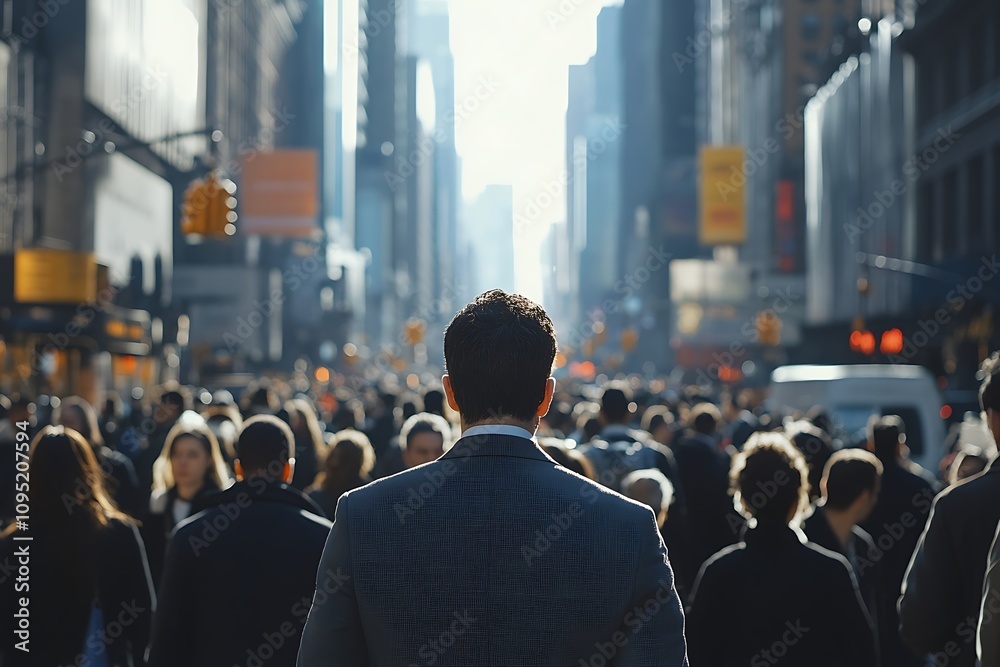 Obraz premium Sunlit Street Commuter in Business Attire Walks Past Skyscrapers