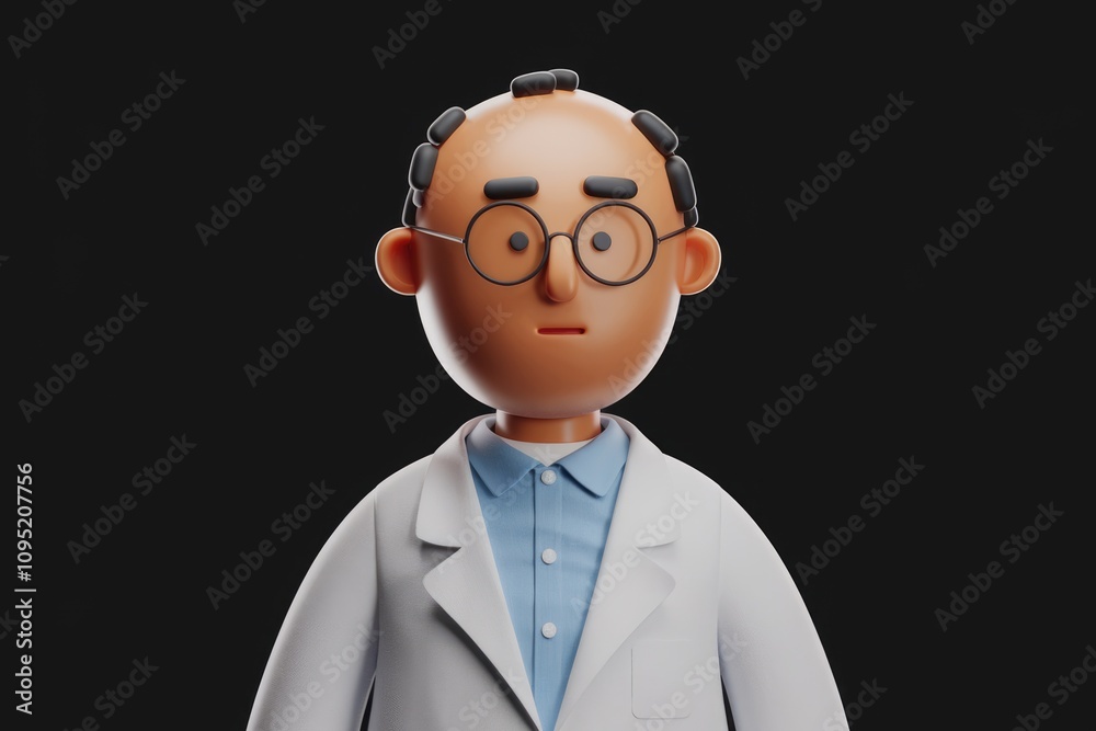A 3D rendered cartoon of a bald bespectacled man in a lab coat appearing serious and thoughtful. A 3D rendered cartoon of a bald bespectacled man in a lab coat appearing serious and thoughtful.
