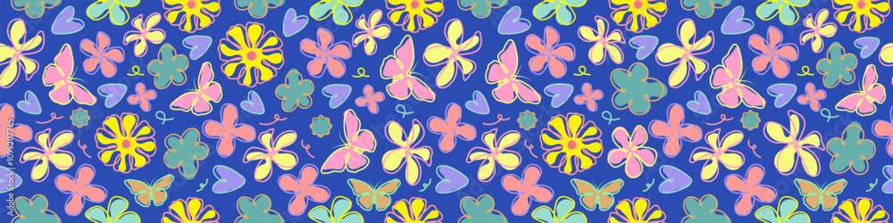 banner Hand drawn line drawing, seamless blue floral pattern for fabric printing. banner Hand drawn line drawing, seamless blue floral pattern for fabric printing.
