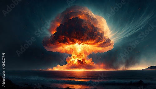 Giant and tall nuclear atomic bomb cloud fire flames glowing at the center of the ocean photo