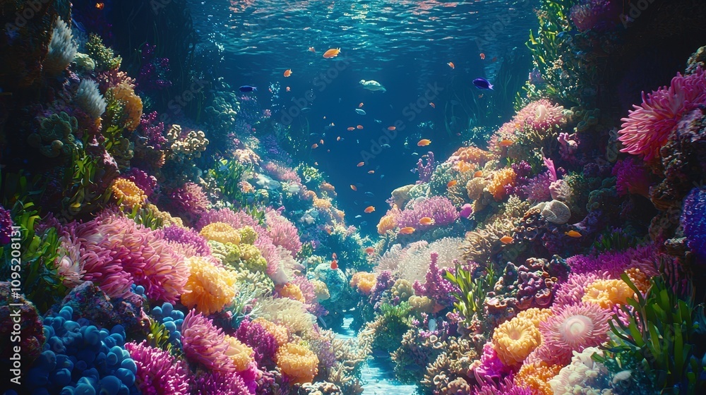 Naklejka premium Vibrant Coral Reef Ecosystem Underwater Paradise Colorful Fish Anemones