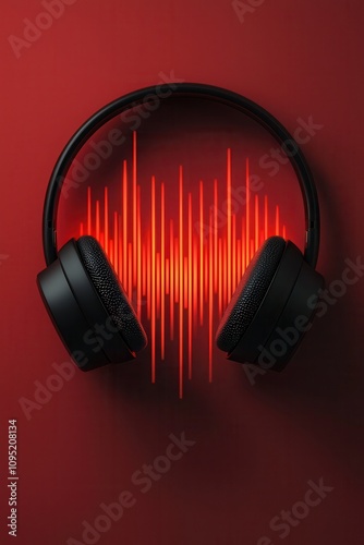 Headphones with sound wave design on red background, showcasing audio clarity and precision photo