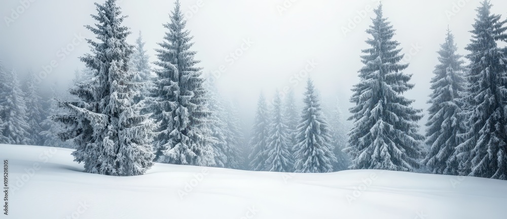 Fototapeta premium Serene photograph of a snow-covered pine forest in the calm Canadian wilderness.