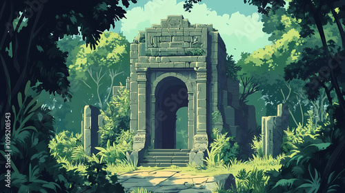 Fototapeta Naklejka Na Ścianę i Meble -  Ancient temple ruins in lush jungle landscape. Ancient Temple Ruins. Illustration