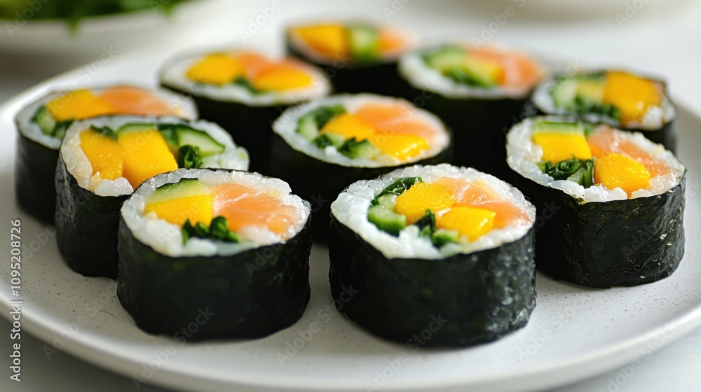 Delicious Salmon Mango Sushi Rolls Fresh Cucumber, Rice, Seaweed Delicious Salmon Mango Sushi Rolls Fresh Cucumber, Rice, Seaweed