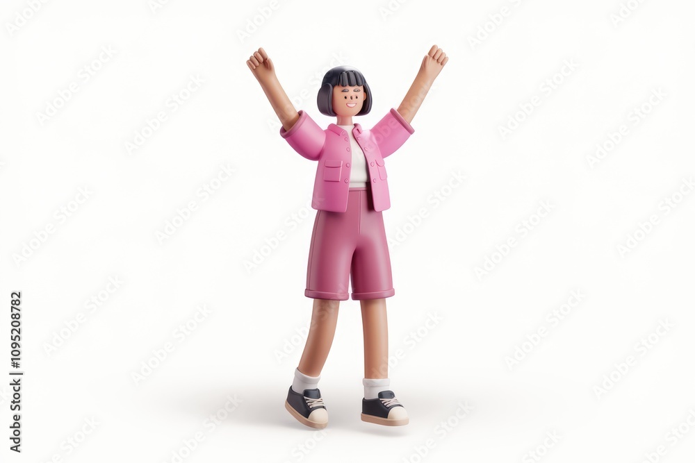 A joyful 3D rendered girl celebrates with arms raised high expressing happiness and success. A joyful 3D rendered girl celebrates with arms raised high expressing happiness and success.