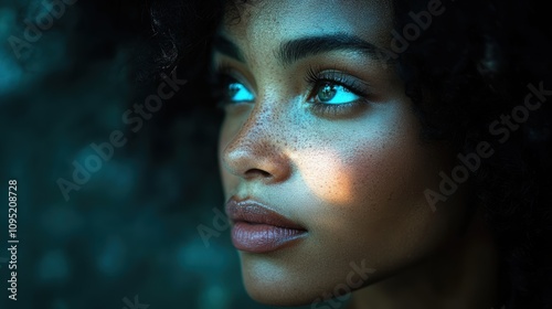 A captivating portrait of a person gazing thoughtfully into the distance, capturing the intricate details of their facial features in warm, soft lighting