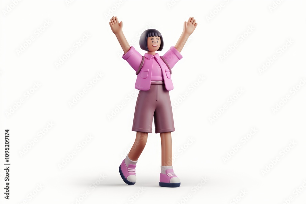 Joyful 3D cartoon girl with arms raised high expressing happiness and excitement. Joyful 3D cartoon girl with arms raised high expressing happiness and excitement.