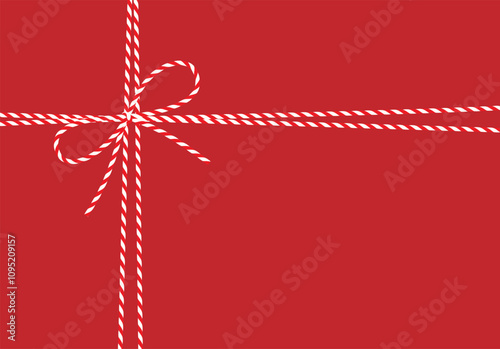 Flat minimalistic red background, gift tied up with cotton red rope bakers twine bow and ribbons. Packing string for present, pastry boxes for New Year, Christmas, Birthday. Vector EPS10