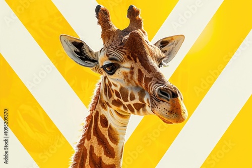 A giraffes head and neck against a vibrant yellow and white diagonal striped background. photo