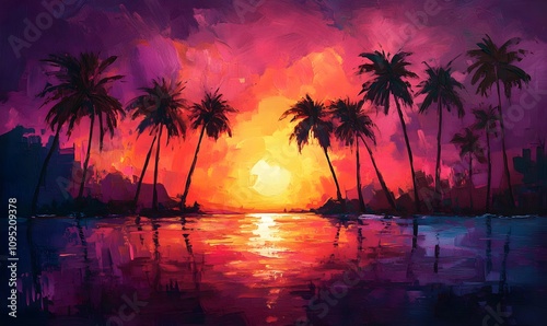 Palm Silhouettes Against Neon Sunset, Show palm tree silhouettes against a sunset with intense neon hues pinks