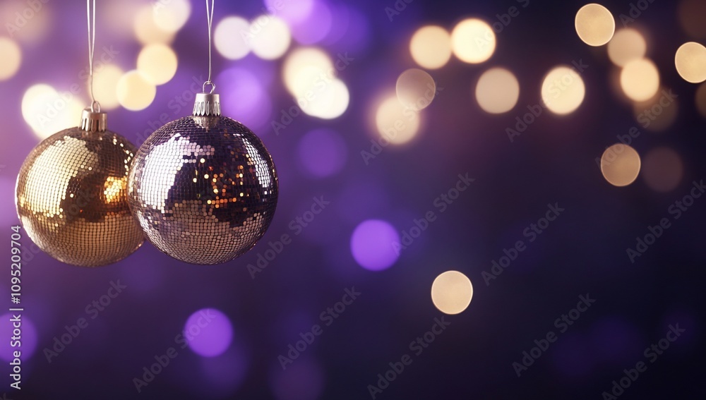 Two disco balls hang against a blurred, colorful background. Two disco balls hang against a blurred, colorful background.