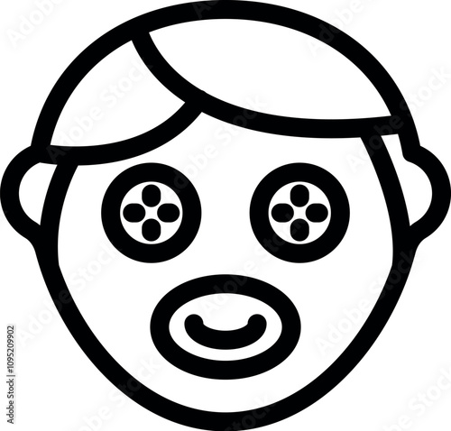 Cartoon face with hair and cucumber slices or tea bags on eyes and lips, enjoying a beauty treatment