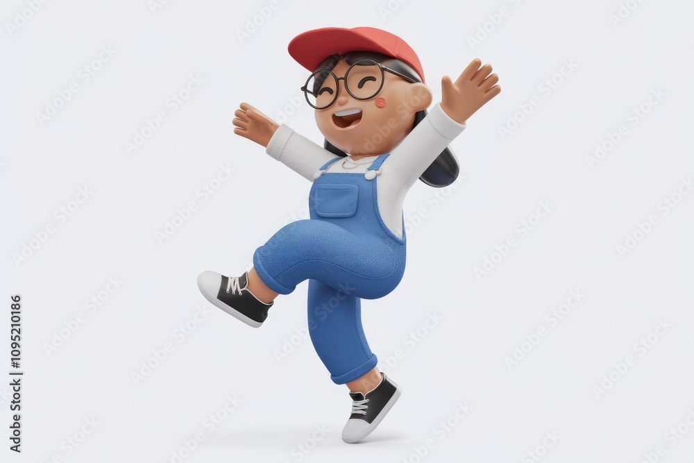 A joyful 3D cartoon girl in overalls and a cap playfully leaping with arms outstretched. A joyful 3D cartoon girl in overalls and a cap playfully leaping with arms outstretched.