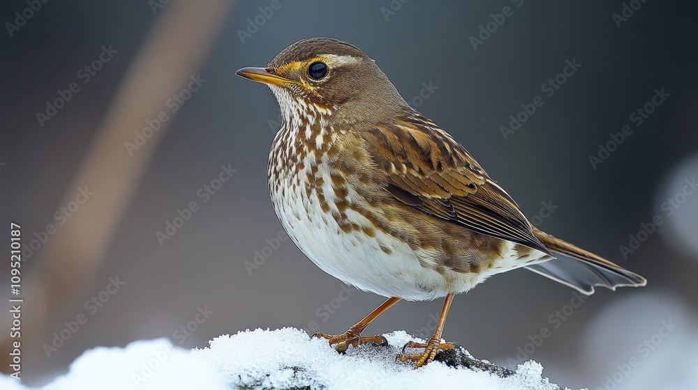 Fototapeta premium A beautifully detailed close-up image of a thrush perched on snow-covered ground, showcasing intricate feather patterns in a wintry setting