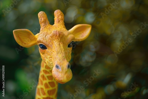 Closeup of a cute yellow giraffe figurine against a blurred green background. photo