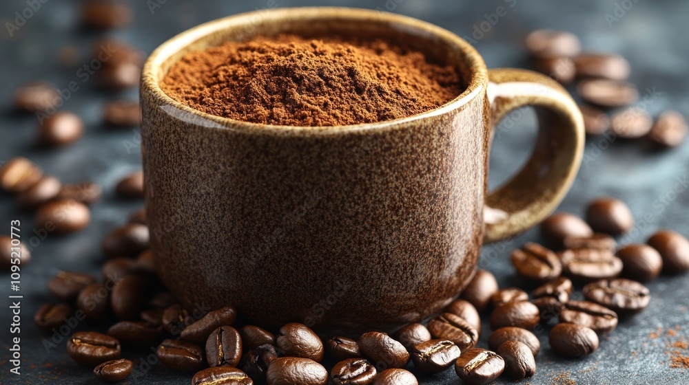 Instant coffee powder in a mug with beans. Instant coffee powder in a mug with beans.