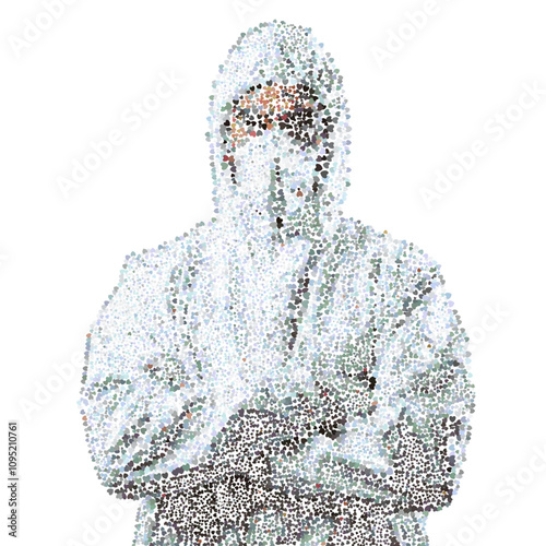 Abstract representation of a person wearing a high-tech protective suit outdoors