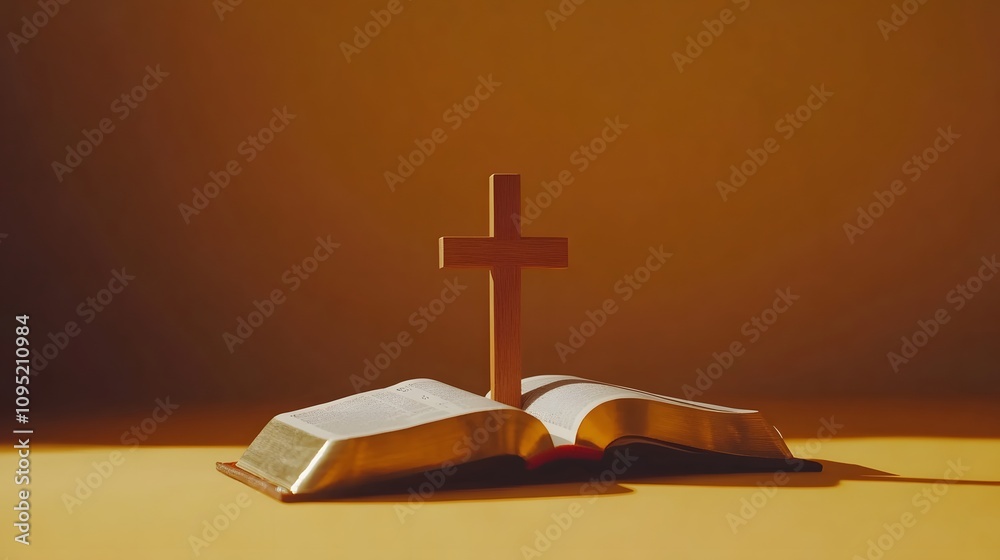 A wooden cross is placed on an open Bible, symbolizing the power of God's word and His grace in our lives A wooden cross is placed on an open Bible, symbolizing the power of God's word and His grace in our lives