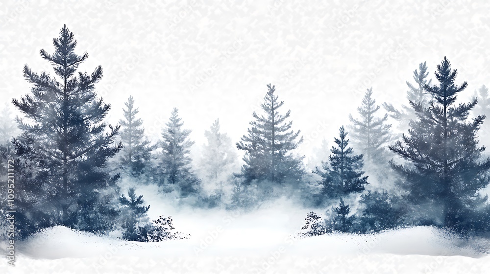 Fototapeta premium Winter coniferous forest on a transparent background, showcasing snow-covered trees and the tranquil beauty of the season