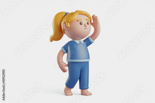 A 3D cartoon girl with blonde hair in blue pajamas raises her hand looking upward.