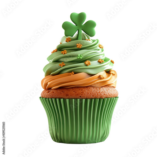 Colorful cupcake topped with green frosting and a clover decoration, perfect for celebrations and festivities.