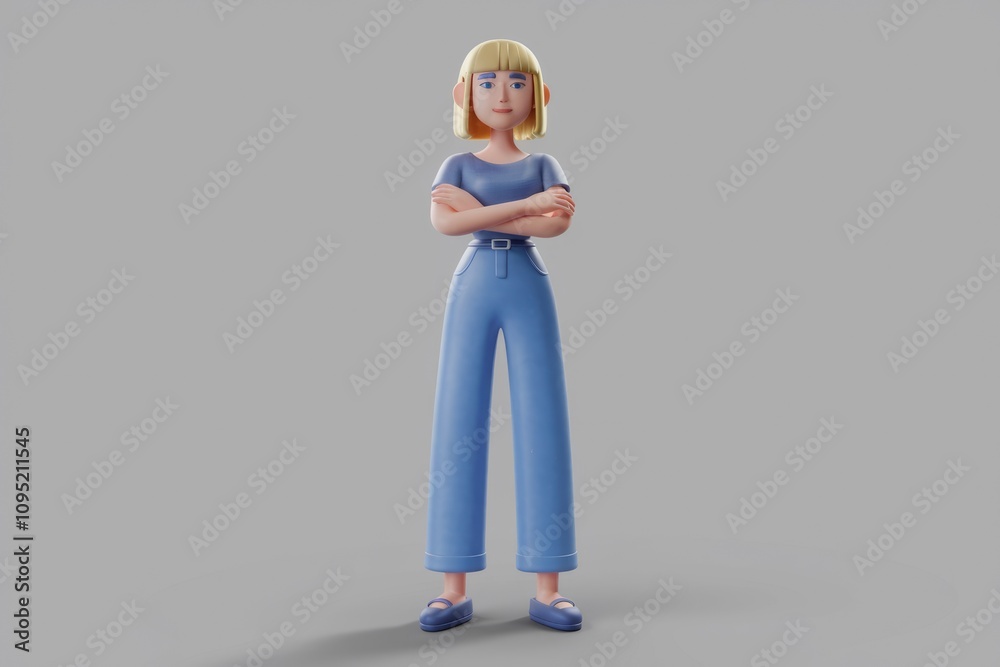 A 3D cartoon woman with blonde bob hair wearing blue shirt and pants stands with arms crossed. A 3D cartoon woman with blonde bob hair wearing blue shirt and pants stands with arms crossed.