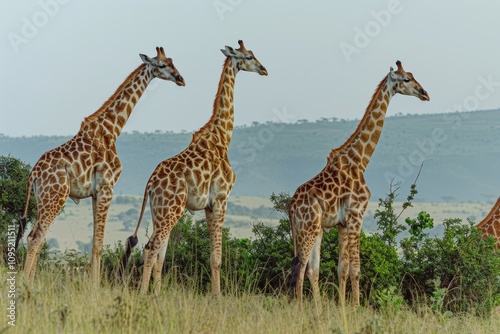 Three giraffes stand sidebyside in a grassy savanna, showcasing their unique patterns and graceful posture.