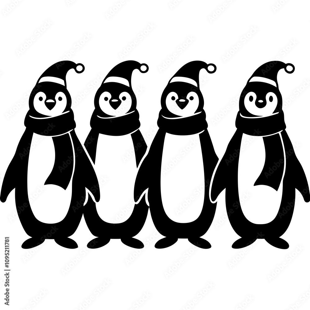 Obraz premium Set of Penguin wearing a Santa clause hat and scarf in separate.Merry Christmas icon set.