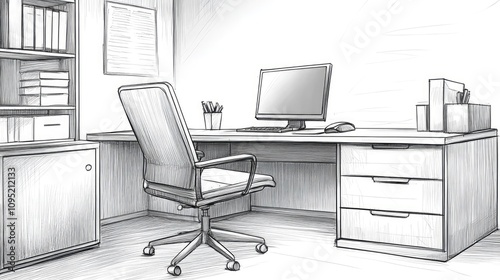 Minimalist Office Interior Line Art with Front-Angle Perspective, No Shadows, Showcasing Desks, Chairs, and an OfficeVibe in Widescreen Format photo