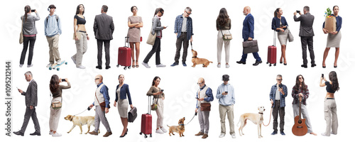 Group of different people standing on white background