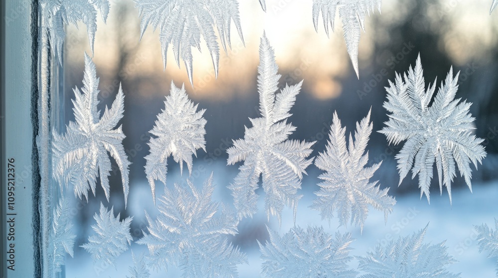 Obraz premium Captivating Icy Rain Patterns on a Window at Sunrise, Showcasing the Beauty of Freezing Weather and Nature’s Artistry in Wintertime Scenery