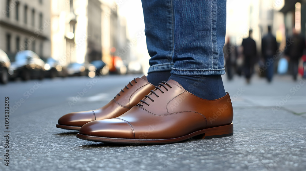 Stylish brown shoes paired with denim on a city street, highlighting a modern urban fashion trend. high quality image Stylish brown shoes paired with denim on a city street, highlighting a modern urban fashion trend. high quality image