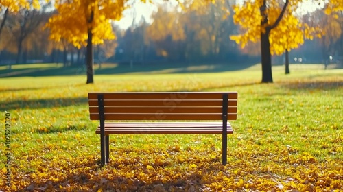 Serene autumn park with vibrant foliage and a peaceful bench illuminated by soft golden light