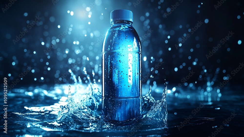 Glowing Vibrant Sports Drink Bottle with Icy Blue Hues in Refreshing Water Splashes - 3D Render Glowing Vibrant Sports Drink Bottle with Icy Blue Hues in Refreshing Water Splashes - 3D Render