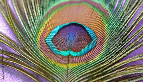 Close-up intricate details of a coloful peacock feather photo