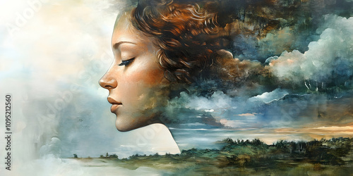 Surreal portrait with woman merging into dreamlike landscape. high quality image