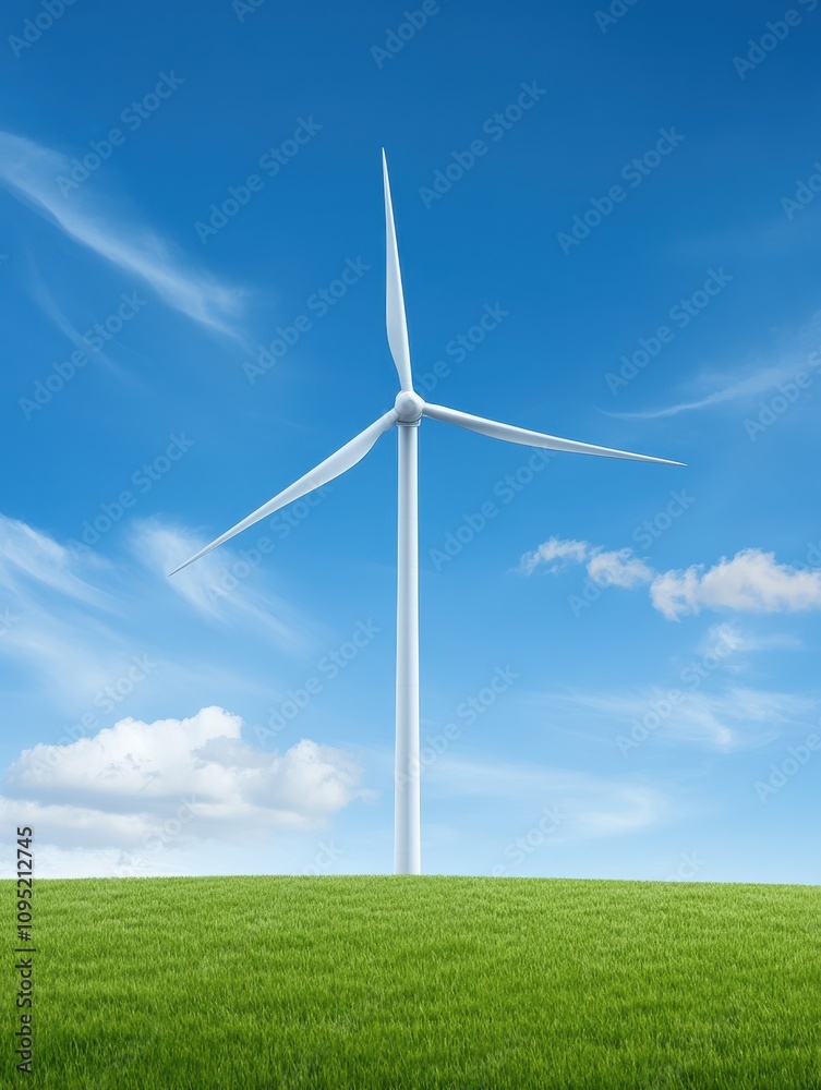 Fototapeta premium Wind turbine on a hill against a blue sky with clouds, symbolizing renewable energy and sustainability in a natural landscape.