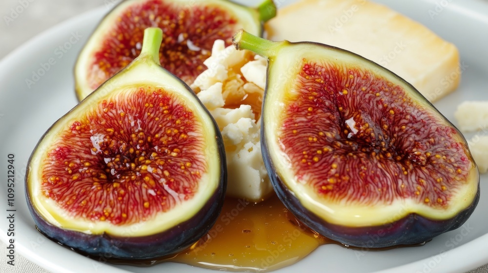 Juicy Fresh Figs Cut in Half Drizzled with Honey Served Alongside Cheese on a Plate for an Elegant Dessert Presentation Juicy Fresh Figs Cut in Half Drizzled with Honey Served Alongside Cheese on a Plate for an Elegant Dessert Presentation