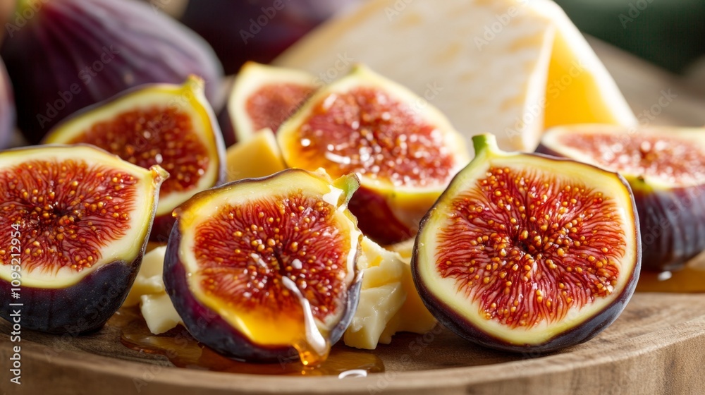 Juicy Fresh Figs Cut in Half and Drizzled with Honey Arranged Elegantly on a Wooden Board Alongside Cheese for a Delightful Gourmet Presentation Juicy Fresh Figs Cut in Half and Drizzled with Honey Arranged Elegantly on a Wooden Board Alongside Cheese for a Delightful Gourmet Presentation