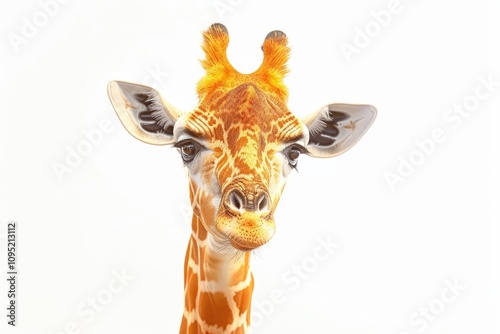 Closeup portrait of a young giraffe against a white background, showcasing its unique patterns and expressive eyes. photo