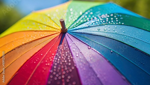 Macro shot of a colorful umbrella background on a rainy day photo