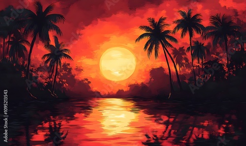 Illustrate a tranquil scene where the sunset’s warm colors merge with the cool reflective tones of the water