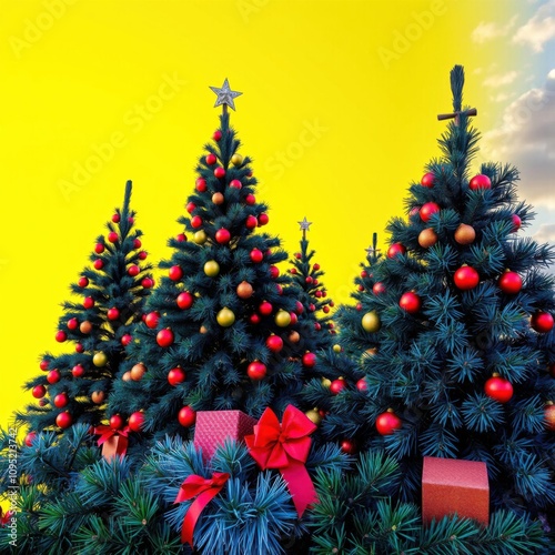  Colorful christmas tree composition on bright yellow background for holiday marketing and design christmas tree holiday winter festive celebration    photo