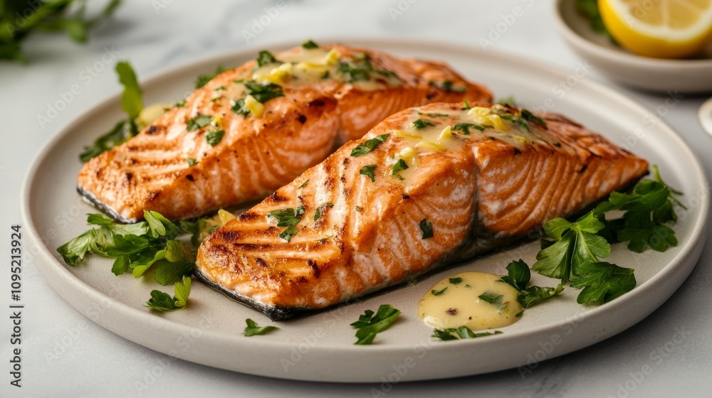 Juicy Salmon Fillet with Crispy Skin Served on a Platter with Fresh Herbs, Lemon, and Velvety Sauce Perfect for Gourmet Meals and Culinary Displays Juicy Salmon Fillet with Crispy Skin Served on a Platter with Fresh Herbs, Lemon, and Velvety Sauce Perfect for Gourmet Meals and Culinary Displays