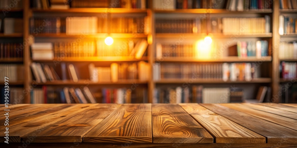 Wooden Tabletop with Blurred Bookshelf Background, bookshelf, library Wooden Tabletop with Blurred Bookshelf Background, bookshelf, library
