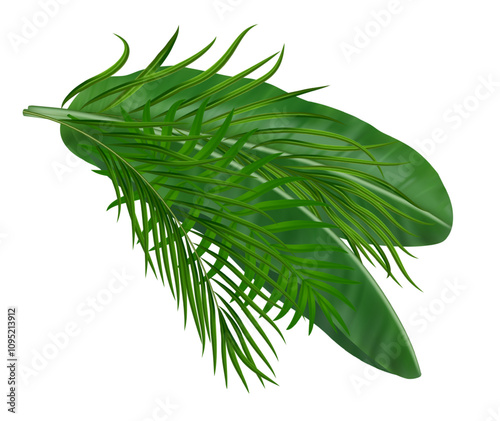 Tropical jungle palm leaves composition. Summer botanical design elements with greenery tropic exotic for summer card, invitation, banner, poster. Vector illustration